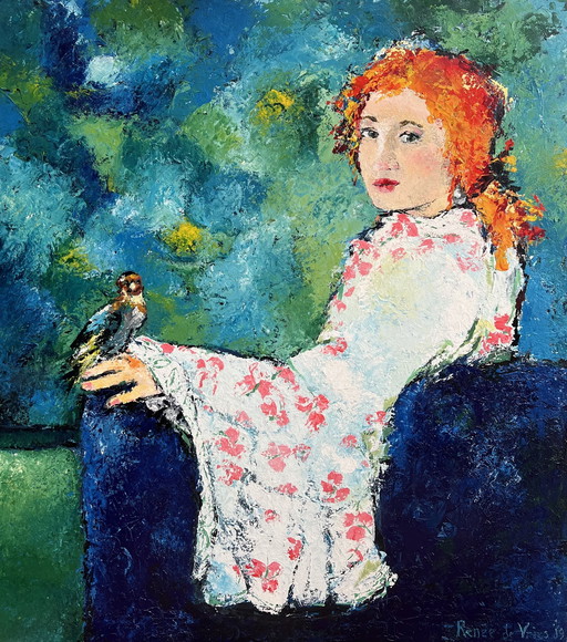 Renée de Vries : 'Redhead Early Bird'/90 x 100 cm/Acrylique sur lin