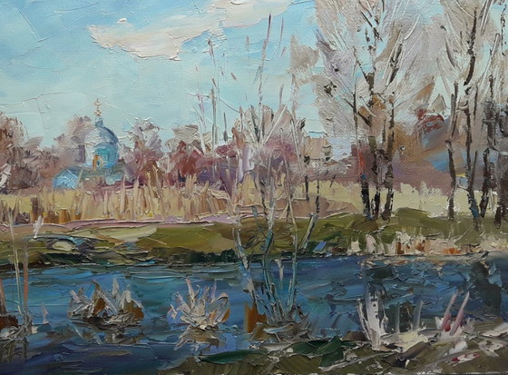 Peinture à l'Huile Originale Église de Campagne Rivière Yezuch – Peintures et dessins, Canvas (photo 7 of 8)