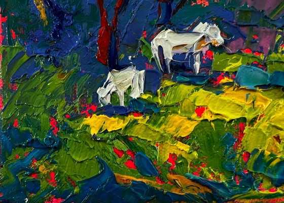 Original Oil Painting Summer Nature Landscape White Horses in the Forest – Paintings & Drawings, Canvas (photo 6 of 8)