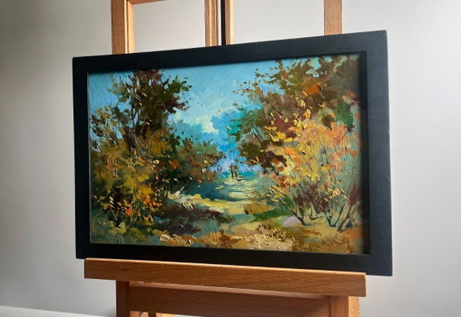 Peinture à l'huile originale, paysage forestier d'automne, promenade en forêt d'automne