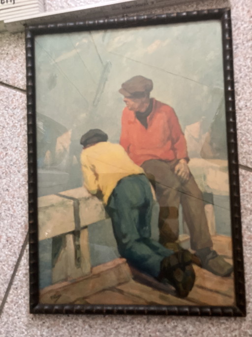 Sfeervol Schilderij P. Lorge - Vissers op de Kade - Inclusief Lijst