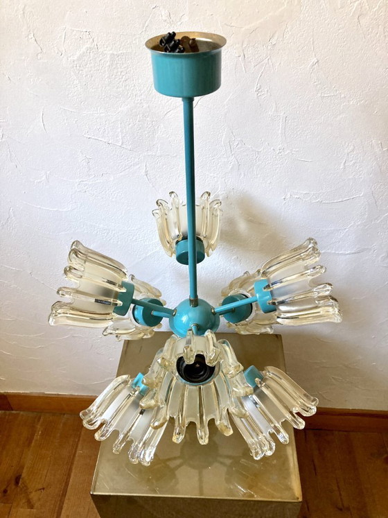Image 1 of Large 9-light chandelier in molded glass and turquoise metal, Leclaire & Schäfer – 1960s