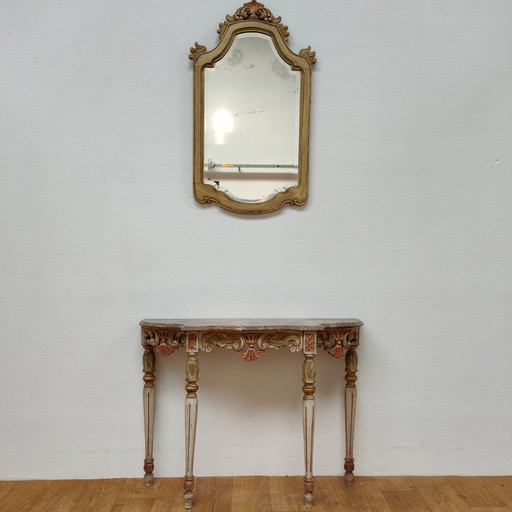 Italienisch Vintage Barock Rokoko Wandkonsole Beistelltisch mit Marmorplatte und Spiegel