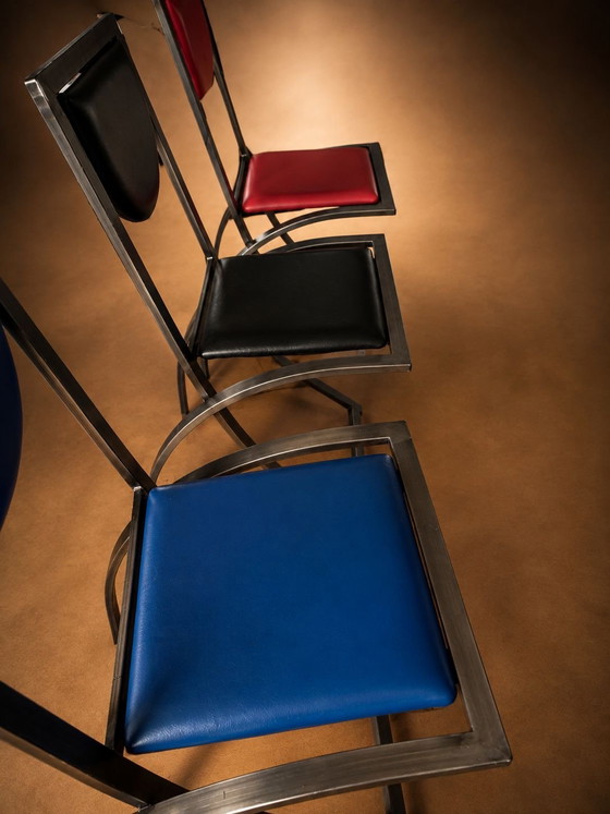 Originele KFF designstoelen – vintage jaren 80 – gekleurde set – Eetkamerstoelen, Leather, Metal (photo 2 of 8)