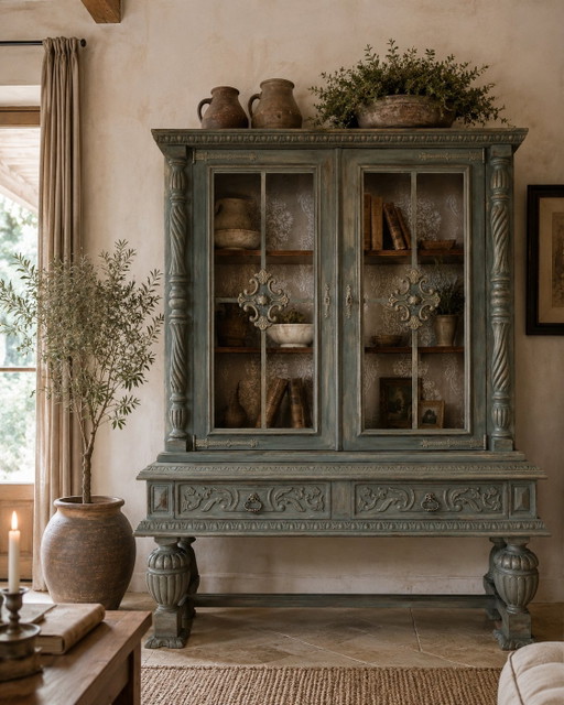 🌿 Vetrina antica patinata – stile neorinascimentale / casa ricca di carattere