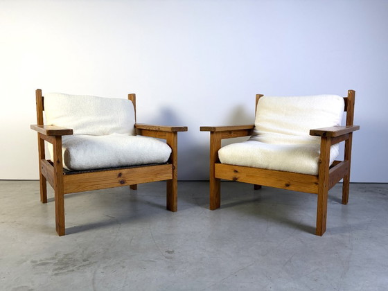 Pair of pine wood boucle fabric armchairs, 1980s, Textile, Brown, Mid Century Modern (photo 8 of 9)