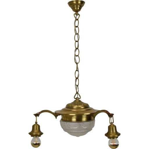 Vintage art deco glass and brass chandelier, Czech 1930