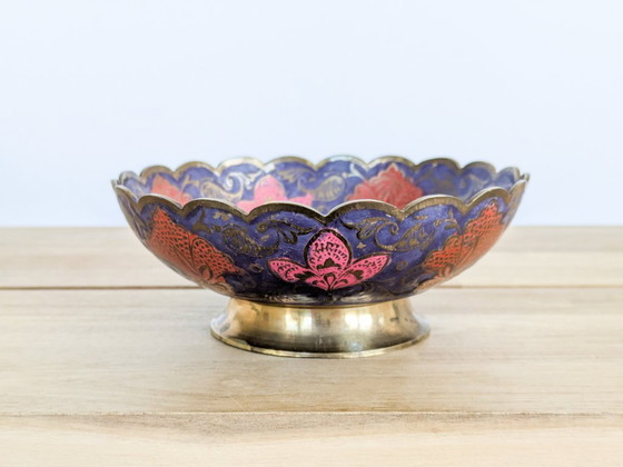 Vintage Brass Peacock Bowl, India Painted Enamel, Scalloped Footed Dish (photo 6 of 14)