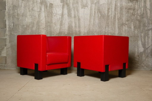 Poltrona Frau - Pareja de sillones "Moji" en cuero rojo y haya lacada negra - 2006 - Italia
