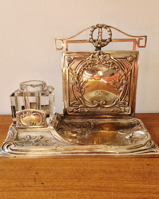 Image 1 of Mail holder with inkwell mirror-Silver-plated metal- 1900's
