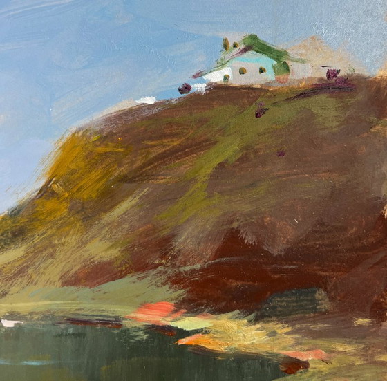 Image 1 of Original Oil Painting Sea Coastal Landscape Harbor at the foot of the hills