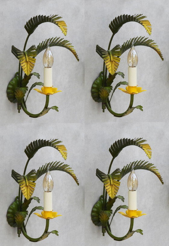 Pair of Mid Century Italian Palm Leaf Wall Lights C1950 - Two Pairs Available, Metal, Yellow (photo 8 of 8)