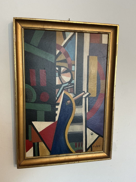 Image 1 of Dipinto astratto in stile cubista – Firmato – Olio su tela con cornice dorata