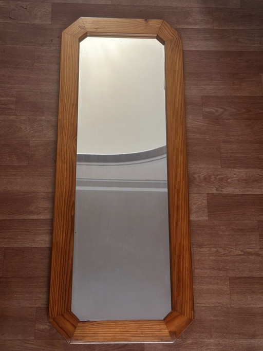 Espejo de pared octogonal grande de pino, década de 1970 – 103 × 40 cm – spiegels, Wood, Glass