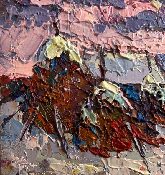 Image 1 of Original Oil Painting Evening Village Landscape Pink winter evening