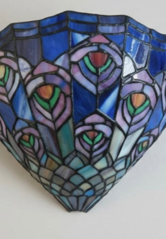Image 1 of 2x Vintage Tiffany wandlampen pauwenpatroon