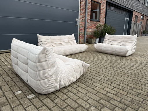 Ligne Roset Togo 2x 2-seater and 1x 3-seater in Beige Corduroy