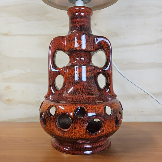 Image 1 of Lampe de table Fat Lava en céramique (70s) Lampe Scheurich West Germany (1970) abat-jour à motifs
