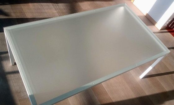 Image 1 of Designer table with white base, frosted glass tabletop; 180x99.50x74cm, detachable