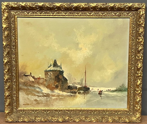 Paisaje firmado "Esquí de invierno". Óleo sobre tabla de madera. – schilderijen tekeningen, Wood (photo 2 of 6)