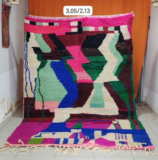 Authentique tapis Boujaad marocain fait main 305 × 213 cm – Grand tapis abstrait berbère en laine – Tapis vintage coloré