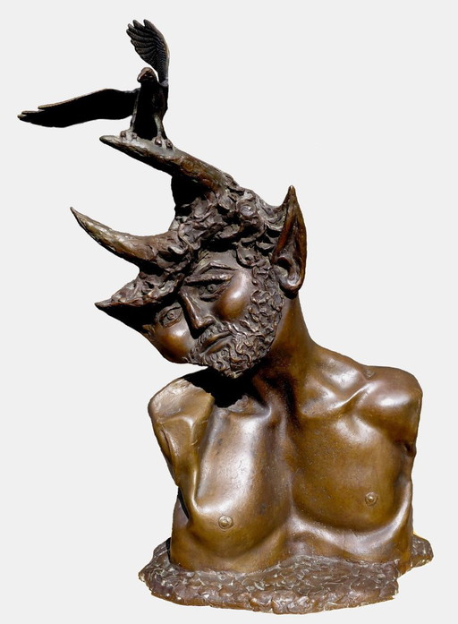 Aat Veldhoen - Faune et oiseau, Sculptures en bronze sur socle (grande, lourde, pièce unique)