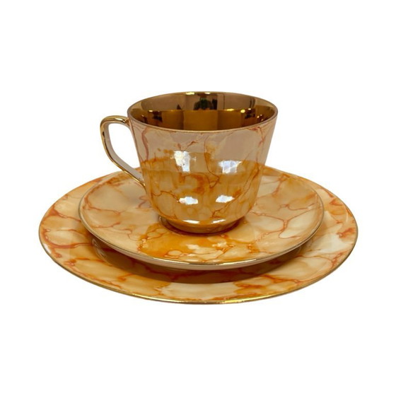 Image 1 of Chodzież "Trio" breakfast set – marbled gold design, PRL era (1970s).