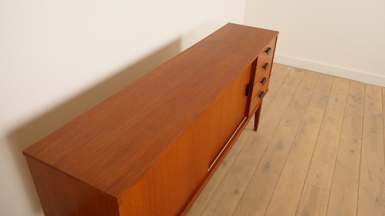 Wooden Sideboard with Sliding Doors and Drawers, Brown, Mid Century Modern (photo 5 of 9)