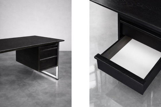 Image 1 of Vintage Mid-Century Danish Modern Minimalist Black Oak Desk with Chrome Base, 1970s