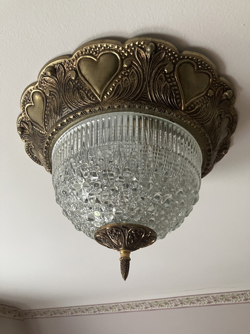 Vintage Art Deco Ceiling Light – Brass with Heart Motif – Crystal Glass