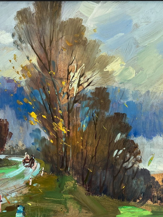 Image 1 of Peinture à l'huile originale représentant un paysage naturel, une route et un temps d'automne en forêt.