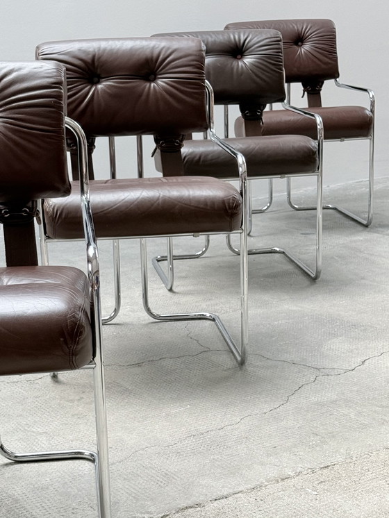 Image 1 of Set of 4 Guido Faleschini for i4Mariani 'Tucroma' chairs leather brown chrome, Italy 1970s