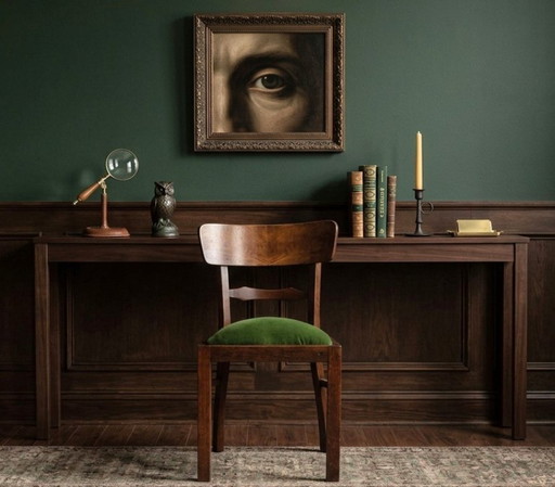 Silla antigua de madera de roble, estilo academia oscura, verde, madre, 1930