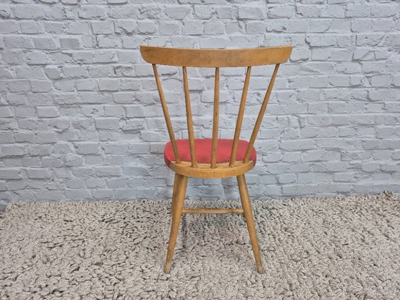 Image 1 of Vintage Design Set of Four Spindle-Back Kitchen Chairs – Beech Wood with Red Leatherette Upholstery, Northern Europe, 1960s