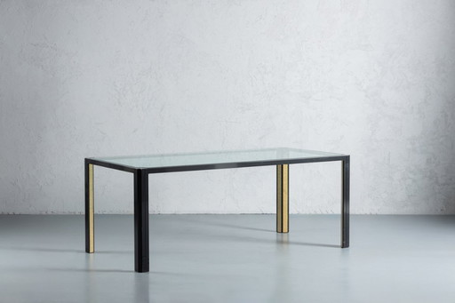 Vintage Saporiti Style Crystal Top And Black Frame Dining Table, Italy, 1970’s