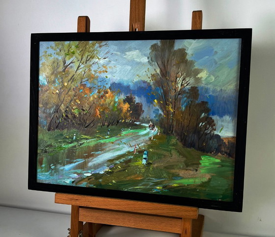 Image 1 of Peinture à l'huile originale représentant un paysage naturel, une route et un temps d'automne en forêt.