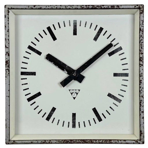 Grey Rusty Industrial Square Wall Clock from Pragotron, 1970s