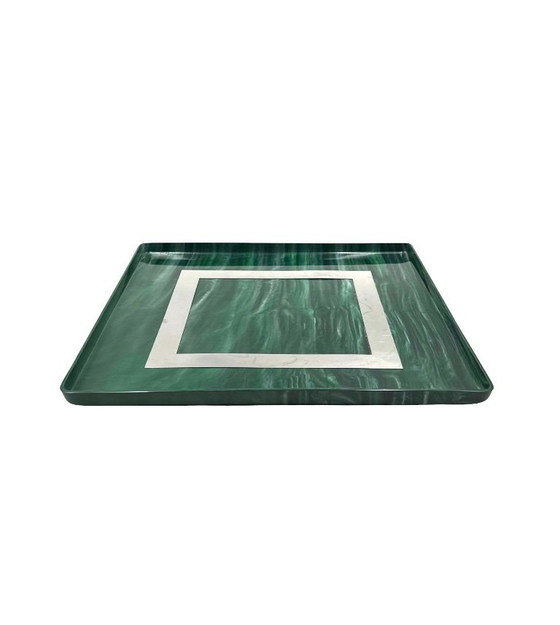 Image 1 of Hollywood Regency dienblad van hars en messing met malachieteffect, Italië, jaren 70.