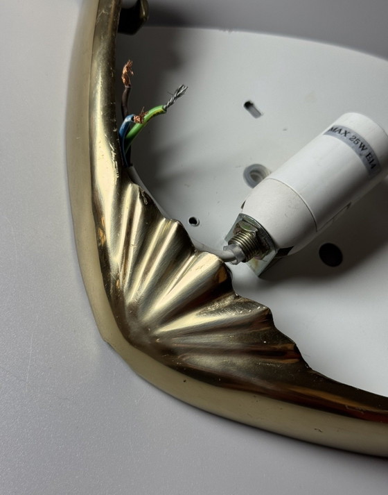Image 1 of Pair of Vintage Frosted Glass Shell Wall Sconces – Brass Mounts – Art Deco Revival, ca. 1970s–1980s