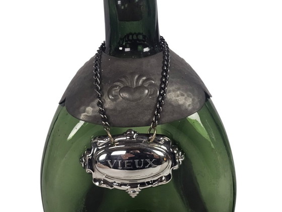 Image 1 of Niederländisches Design – Gero – Karaffe – Exilflasche – versilbertes Karaffenetikett – Dreieck mit Zinnbeschlägen – 30er Jahre
