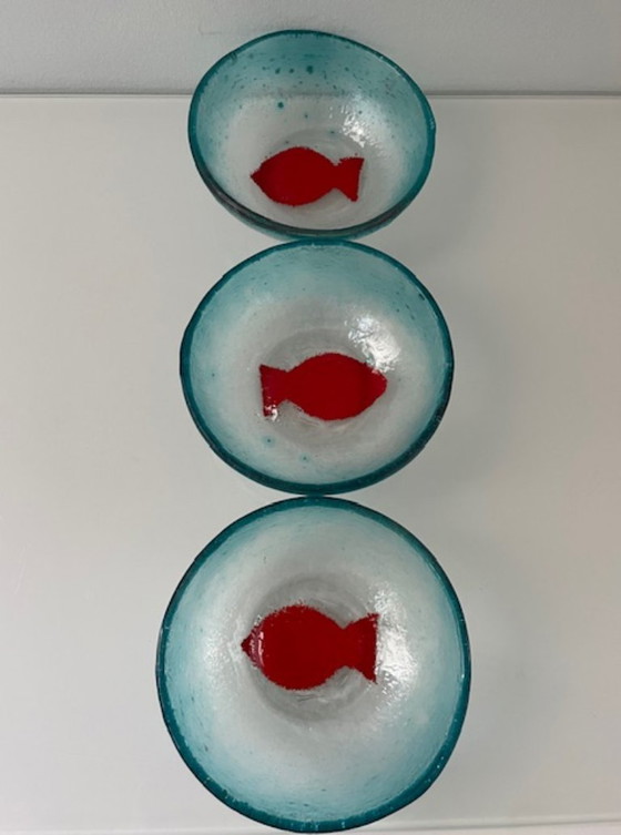 Image 1 of Set aus 3 handgefertigten Glasschalen mit Fischmotiv