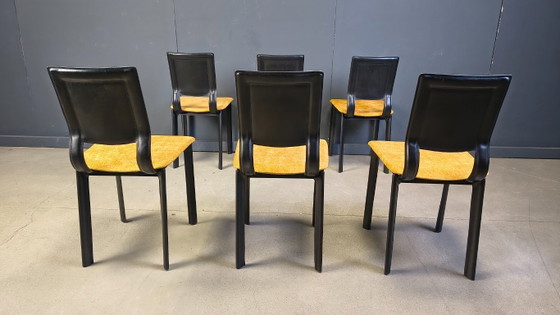 Image 1 of Vintage eetkamerstoelen van zwart leer en gele stof, set van 6, jaren 80