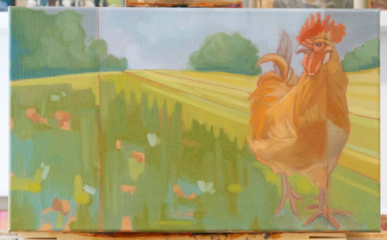 Image 1 of Pollo su un prato estivo, olio su tela, 50 x 30 cm
