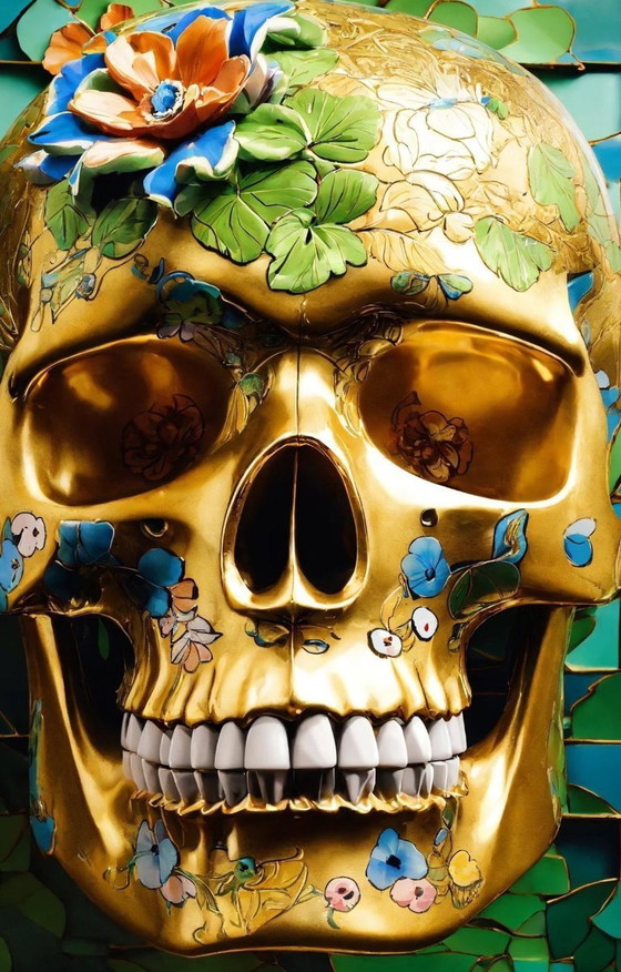 Image 1 of CABEZA MUERTA - Calavera de flores verdes y doradas - Impresión giclée sobre placa de aluminio