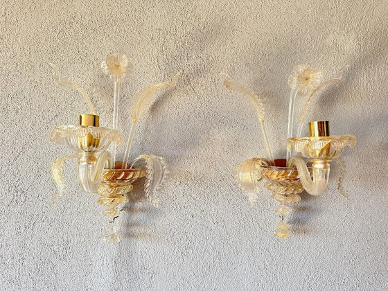 Paire vintage d'appliques murales Murano ton or, Métal, Doré (photo 11 sur 12)