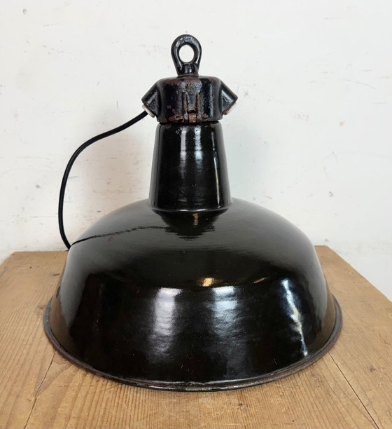 Image 1 of Industrial Black Enamel Factory Lamp with Cast Iron Top, 1950s
