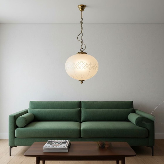 Image 1 of Portuguese regency-inspired frosted glass pendant with ornate brass crown