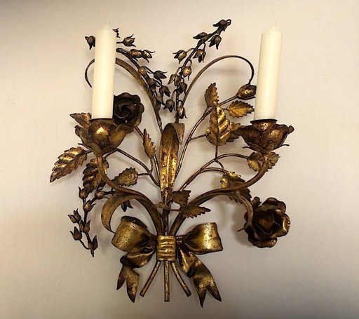Pair of Gold Plated Wall Double Candleholders with Roses by Hans Kögl, 1960s