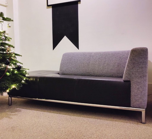 Montel Chaise Longue Design Two-Seater Sofa, Black Leather Seat