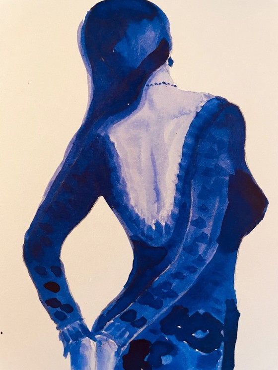 Image 1 of Monochrome indigo blue watercolor portrait of a woman "in a dress"